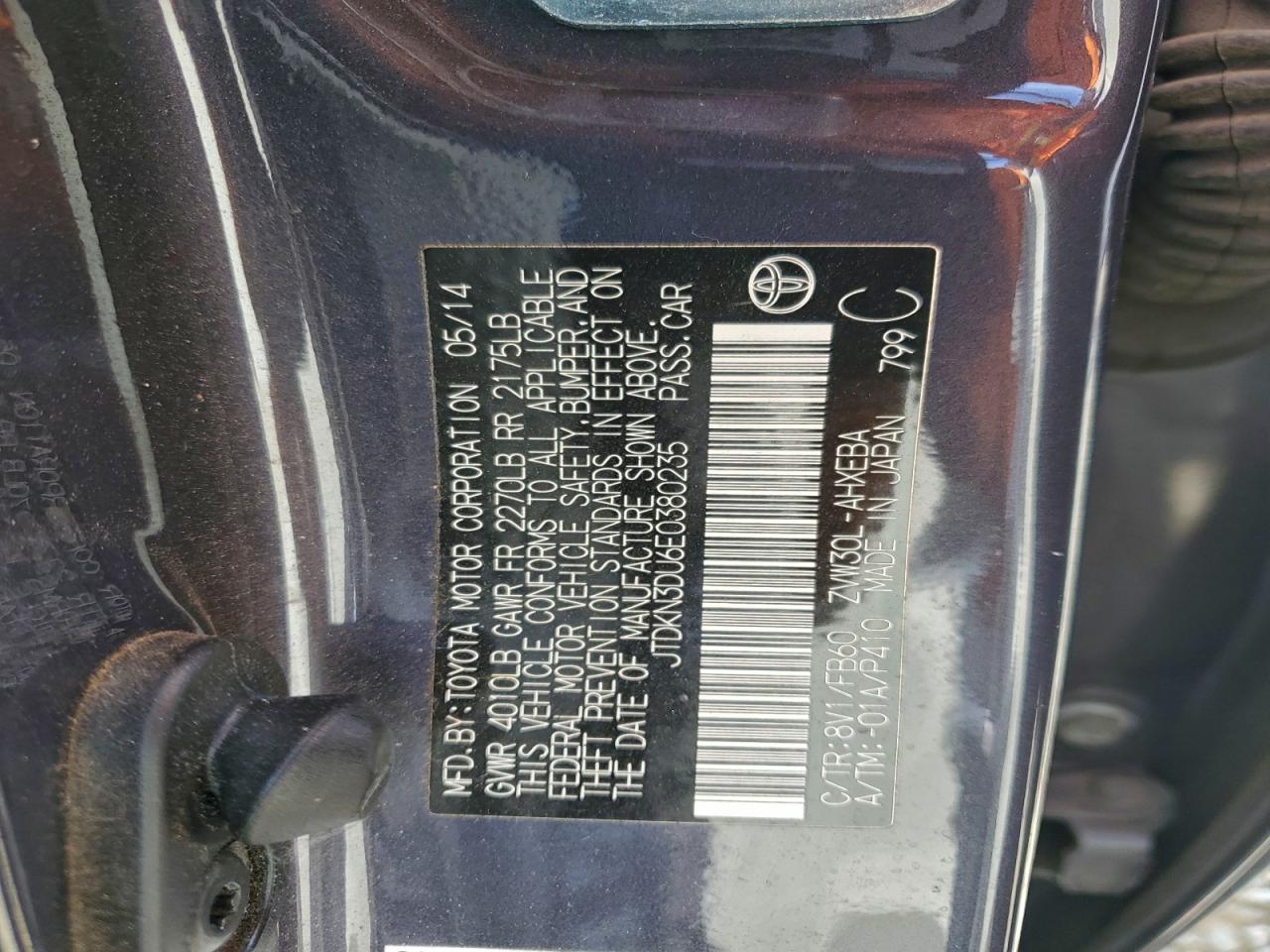 2014 Toyota Prius VIN: JTDKN3DU6E0380235 Lot: 93976025