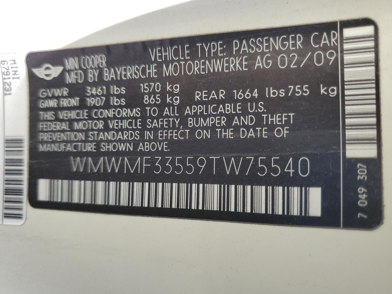 2009 Mini Cooper VIN: WMWMF33559TW75540 Lot: 92905365
