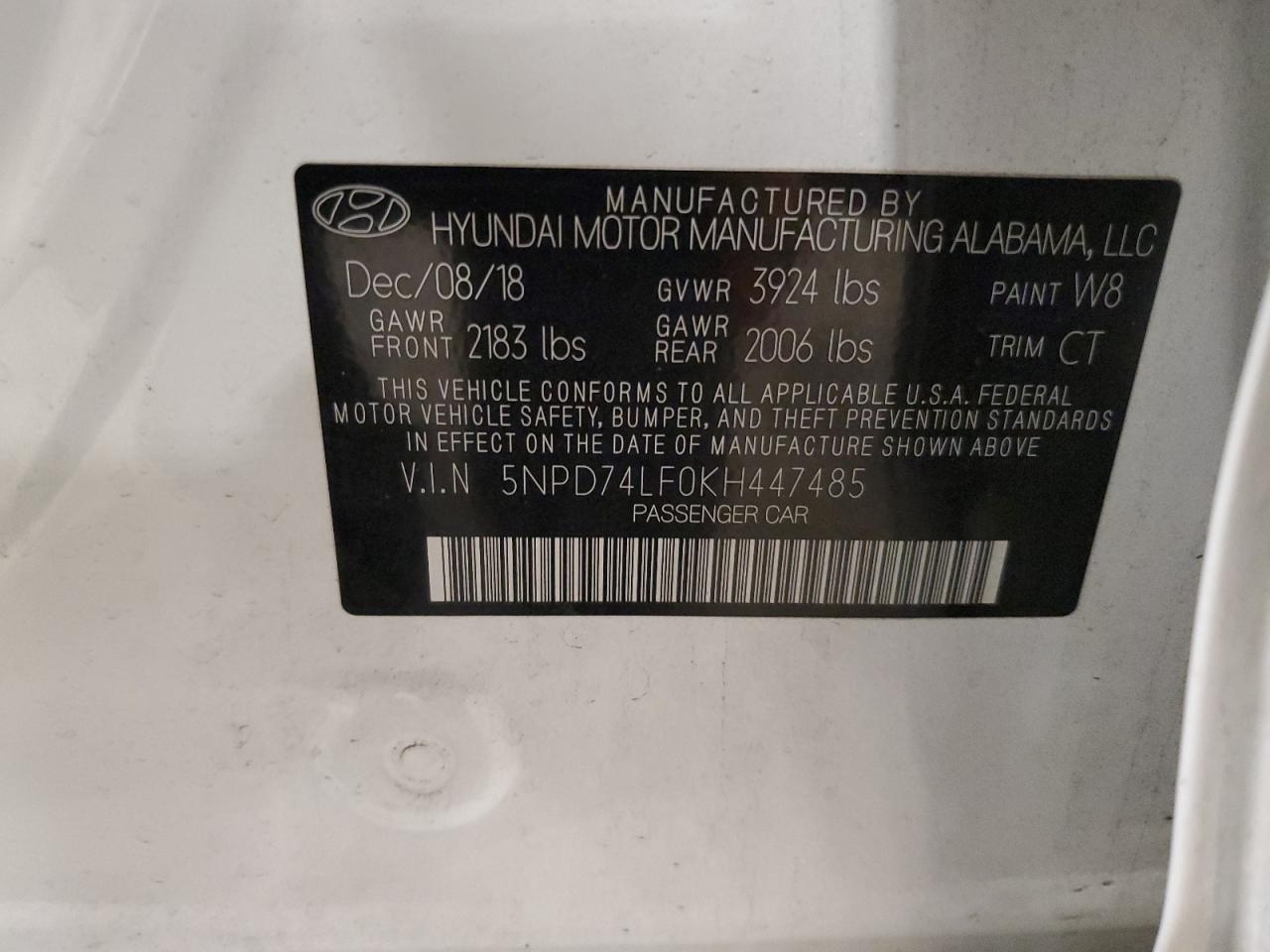 2019 Hyundai Elantra Se VIN: 5NPD74LF0KH447485 Lot: 93427485