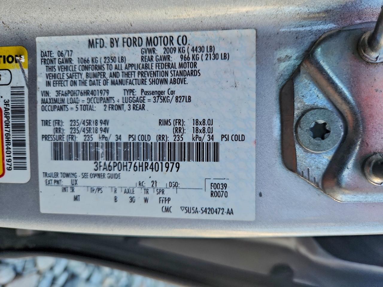 2017 Ford Fusion Se VIN: 3FA6P0H76HR401979 Lot: 94634485