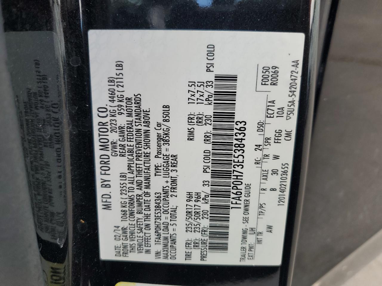 2014 Ford Fusion Se VIN: 1FA6P0H73E5384363 Lot: 92160205