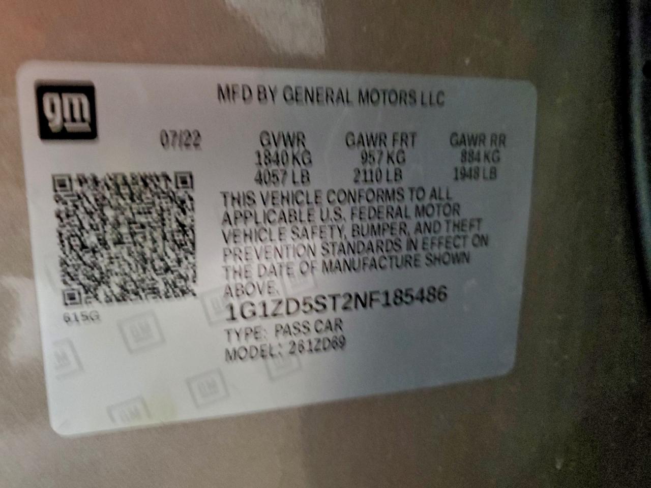 2022 Chevrolet Malibu Lt VIN: 1G1ZD5ST2NF185486 Lot: 94168225