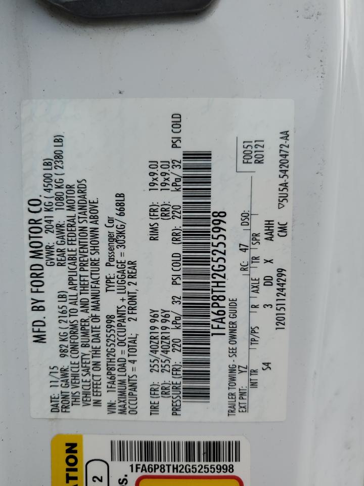 2016 Ford Mustang VIN: 1FA6P8TH2G5255998 Lot: 92865245