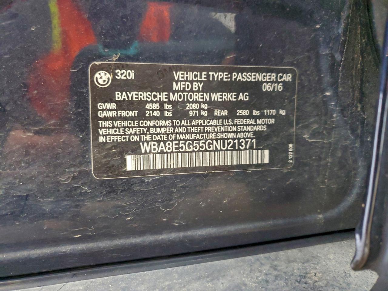 2016 BMW 320 Xi VIN: WBA8E5G55GNU21371 Lot: 92833855