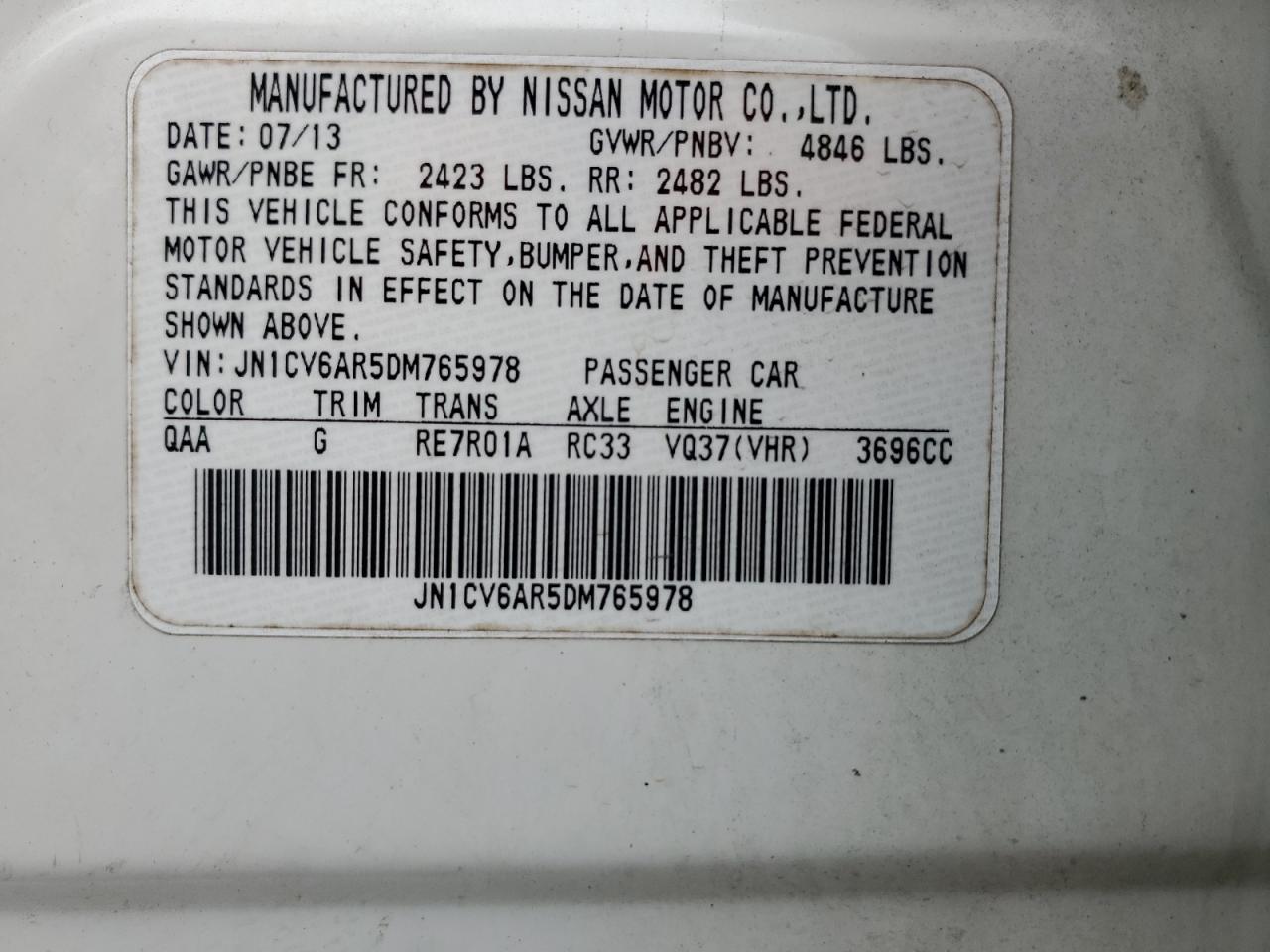 2013 Infiniti G37 VIN: JN1CV6AR5DM765978 Lot: 90624495