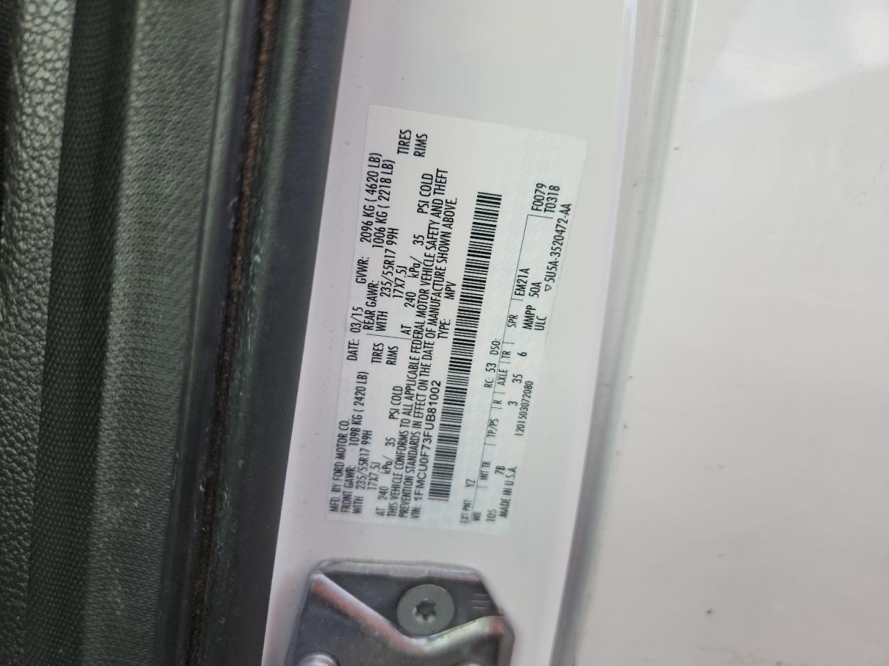 2015 Ford Escape S VIN: 1FMCU0F73FUB81002 Lot: 91465865