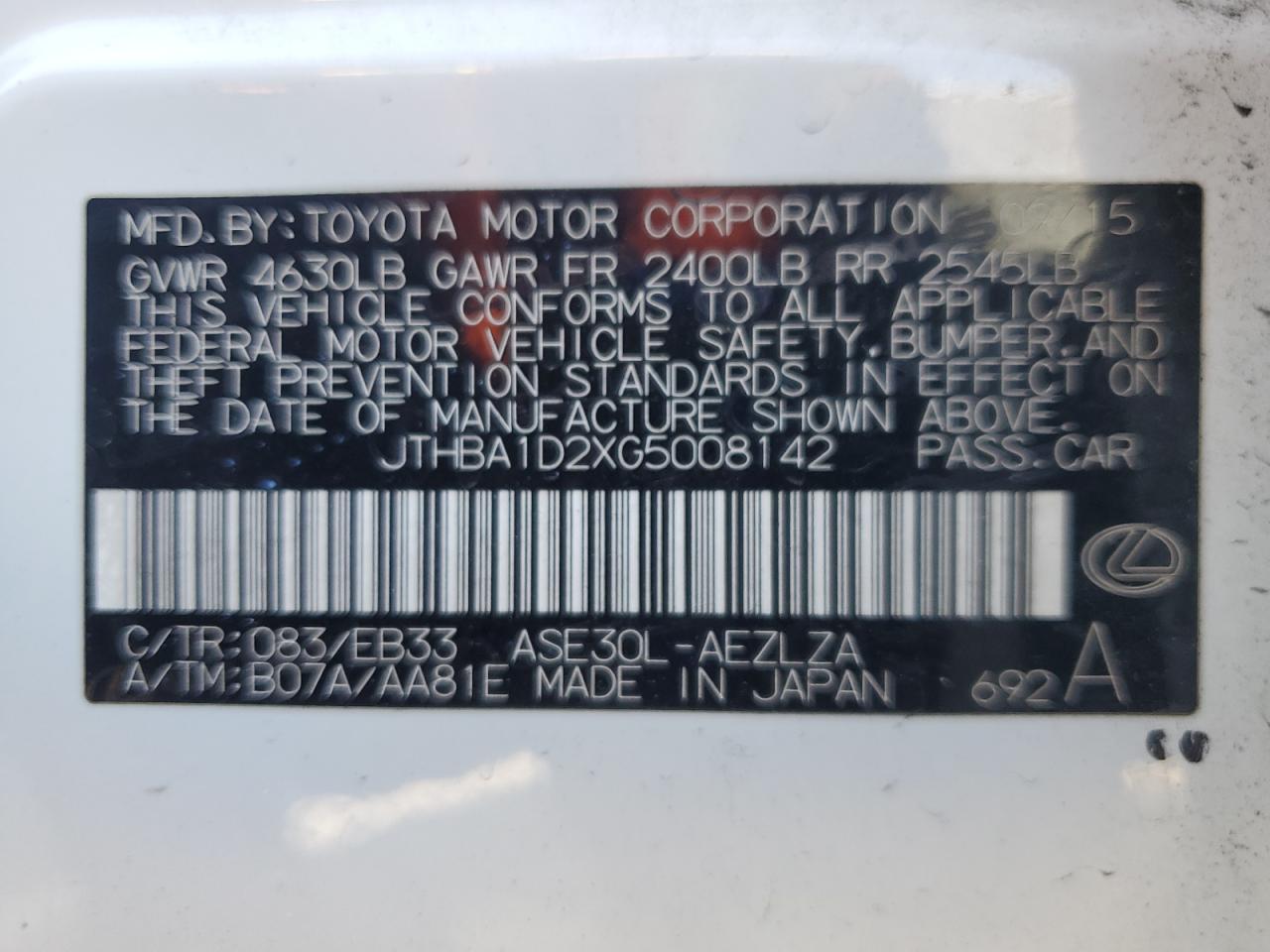 2016 Lexus Is 200T VIN: JTHBA1D2XG5008142 Lot: 92489605