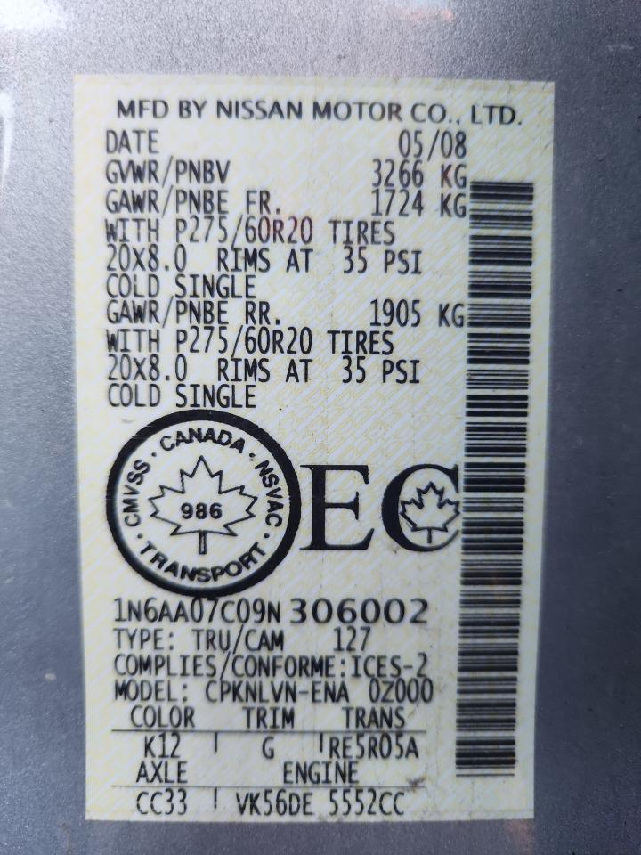 2009 Nissan Titan Xe VIN: 1N6AA07C09N306002 Lot: 91560635