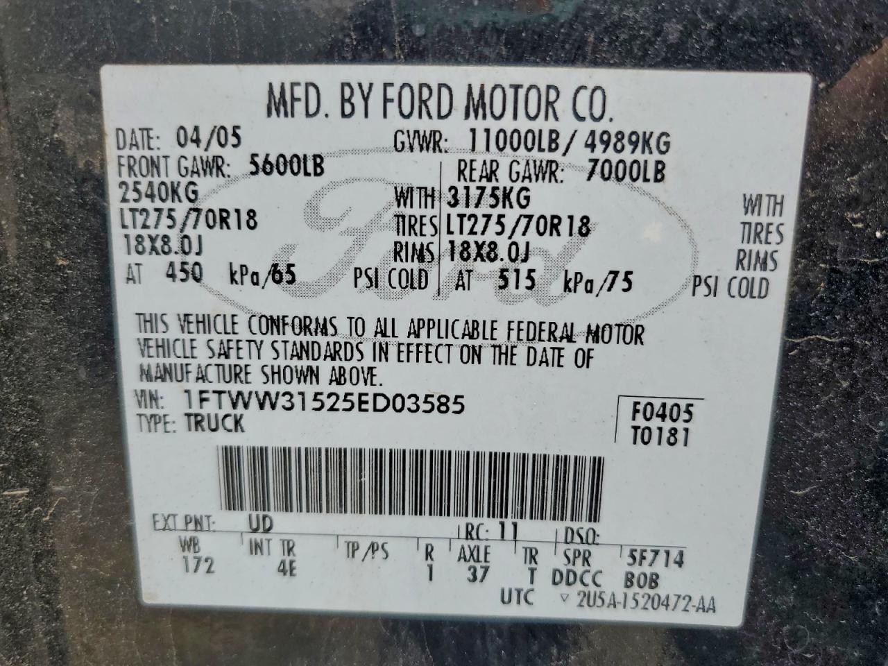 2005 Ford F350 Srw Super Duty VIN: 1FTWW31525ED03585 Lot: 94351045