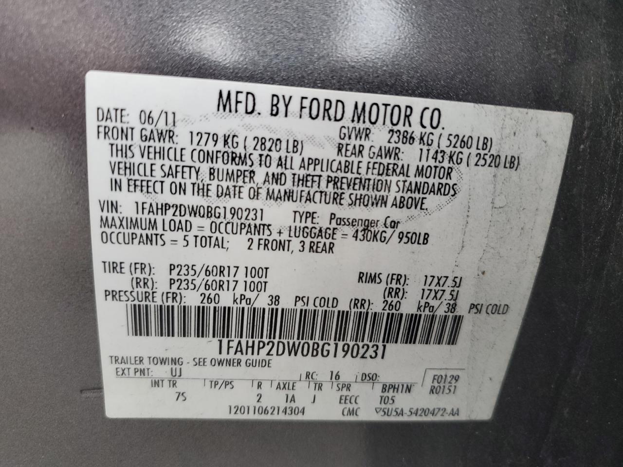 2011 Ford Taurus Se VIN: 1FAHP2DW0BG190231 Lot: 93547745