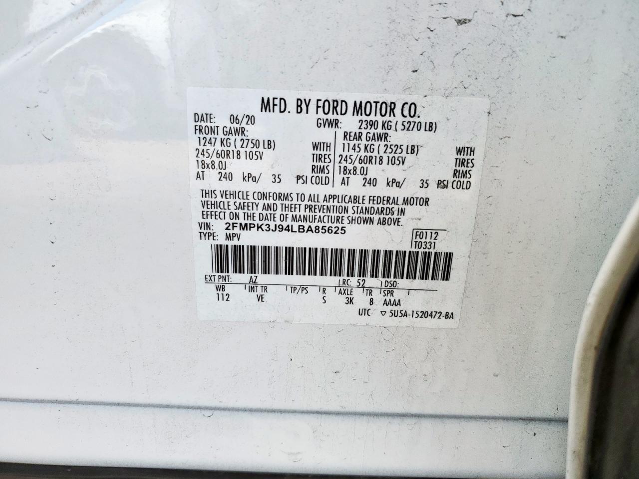 2020 Ford Edge Sel VIN: 2FMPK3J94LBA85625 Lot: 91809915