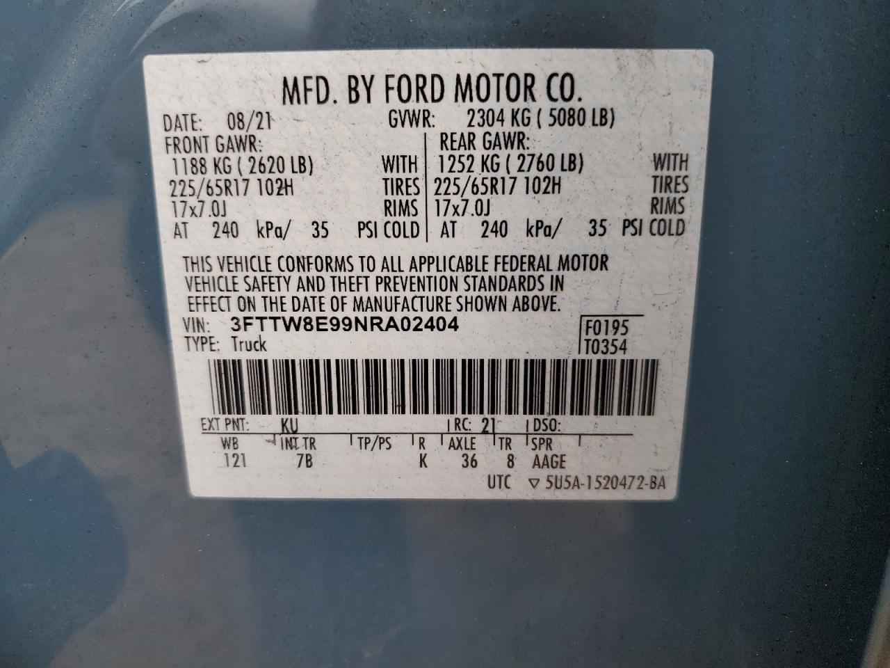 2022 Ford Maverick Xl VIN: 3FTTW8E99NRA02404 Lot: 92912065