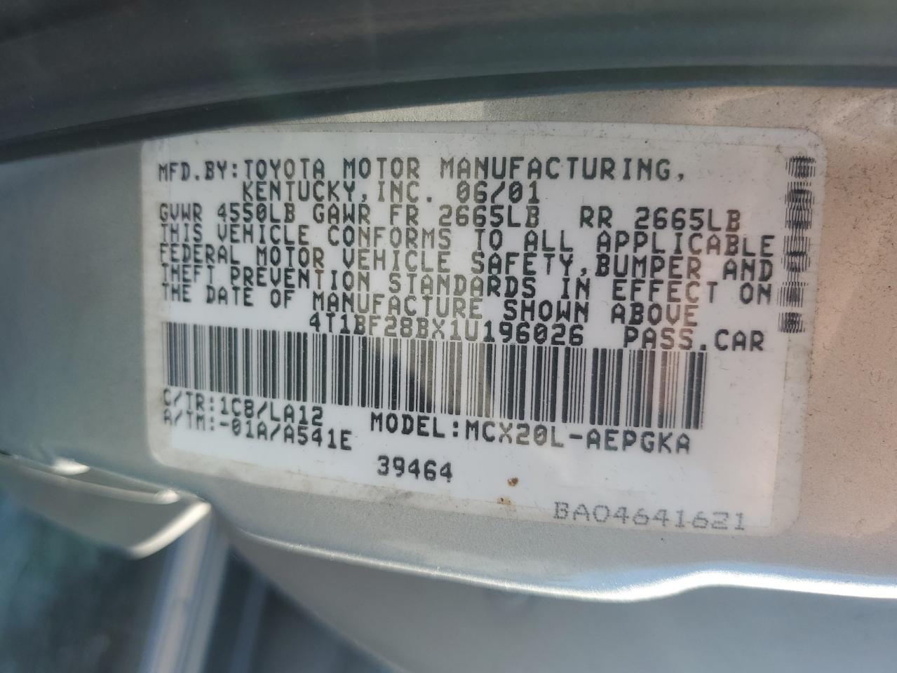 2001 Toyota Avalon Xl VIN: 4T1BF28BX1U196026 Lot: 91385315