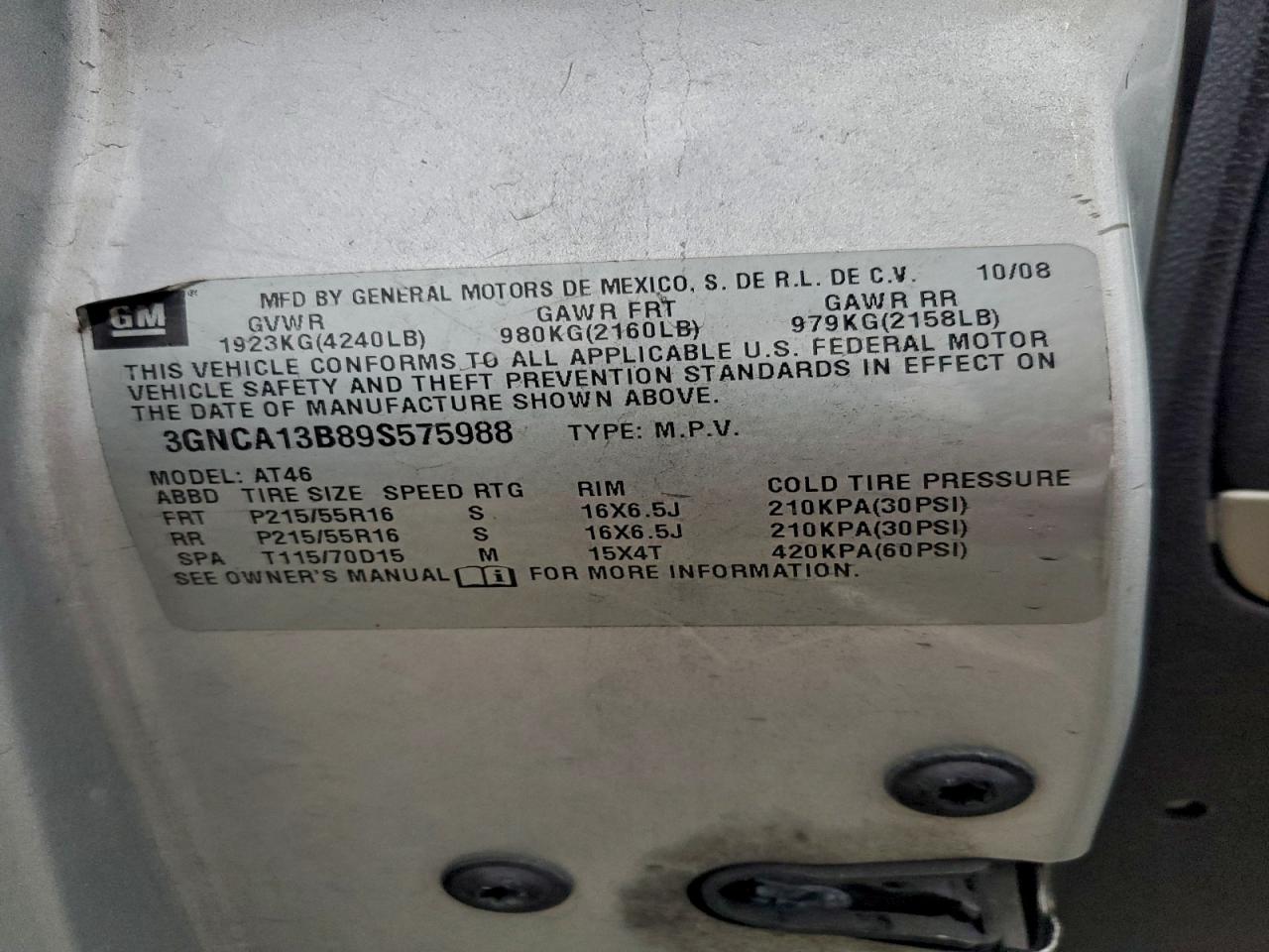 2009 Chevrolet Hhr Ls VIN: 3GNCA13B89S575988 Lot: 93883775