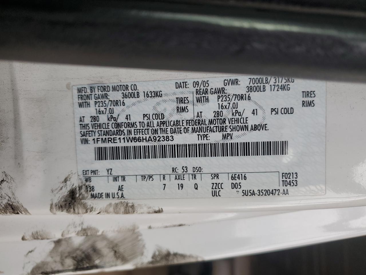 2006 Ford Econoline E150 Wagon VIN: 1FMRE11W66HA92383 Lot: 93272455