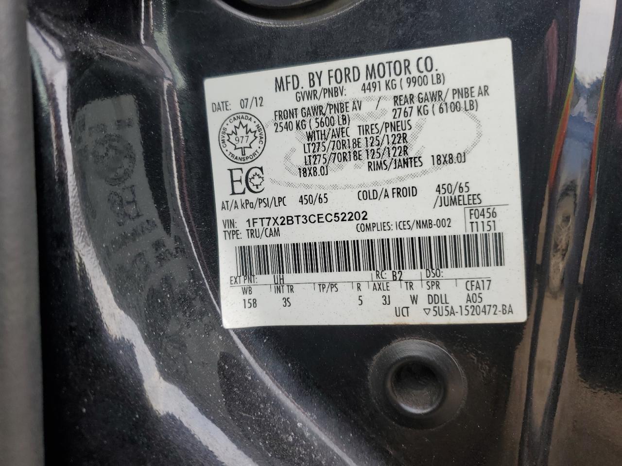 2012 Ford F250 Super Duty VIN: 1FT7X2BT3CEC52202 Lot: 92818365