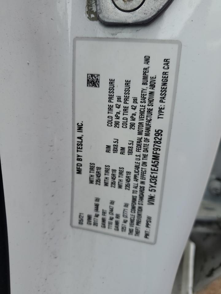 2021 Tesla Model 3 VIN: 5YJ3E1EA5MF978295 Lot: 91057345