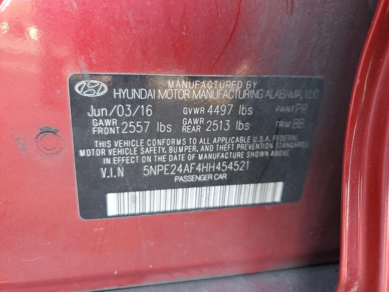 2017 Hyundai Sonata Se VIN: 5NPE24AF4HH454521 Lot: 91817025