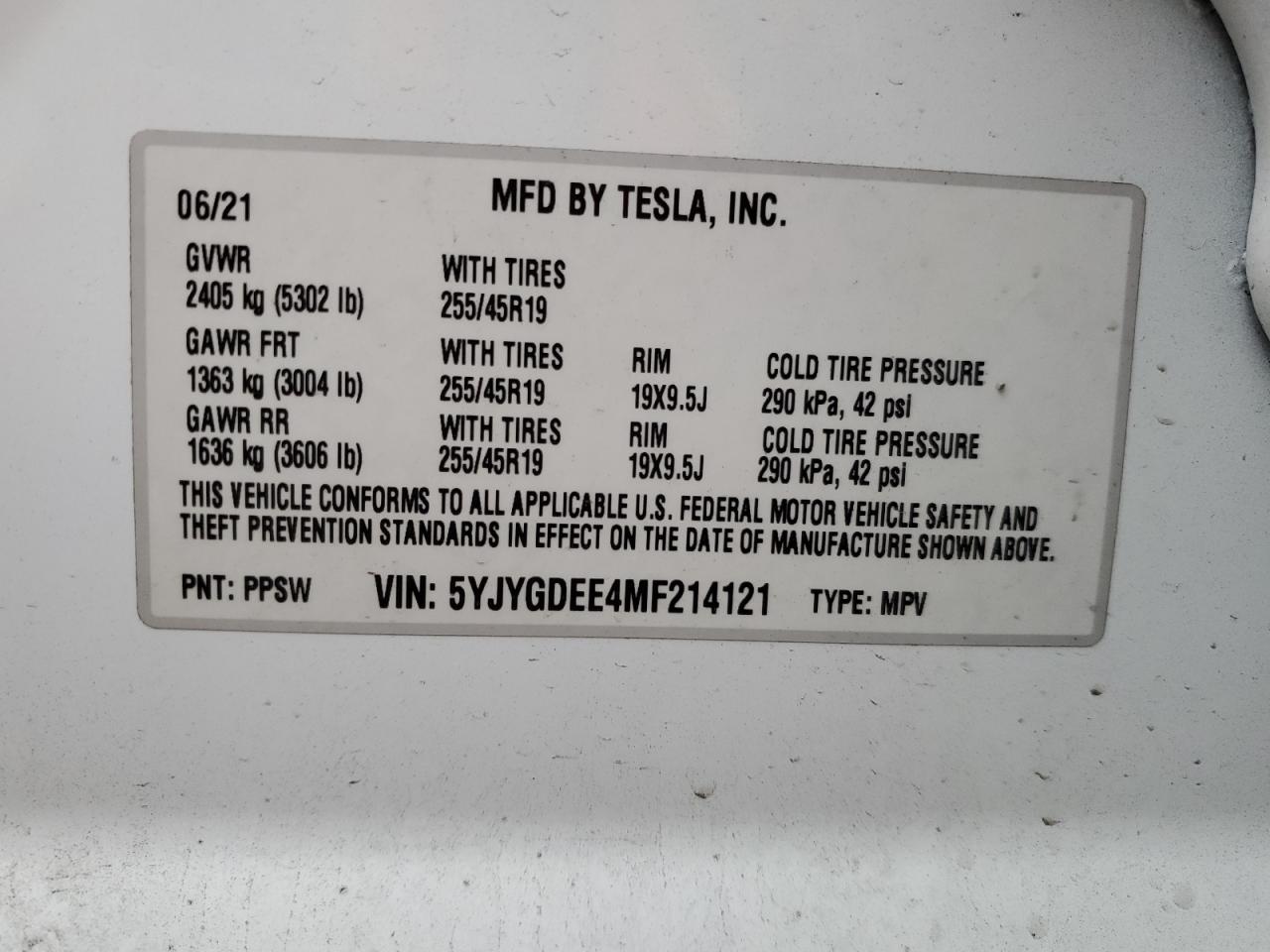 2021 Tesla Model Y VIN: 5YJYGDEE4MF214121 Lot: 93131685