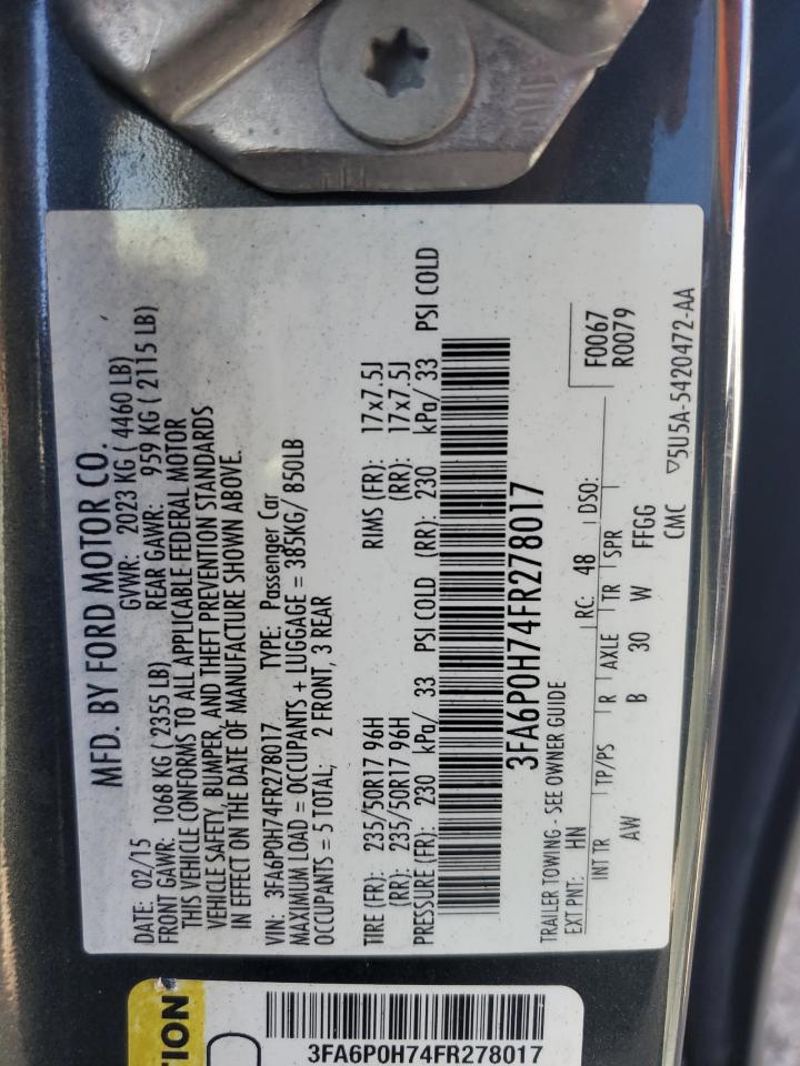 2015 Ford Fusion Se VIN: 3FA6P0H74FR278017 Lot: 90620185