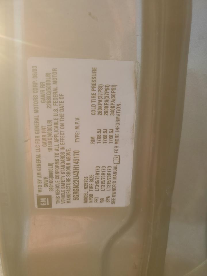 2003 Hummer H2 VIN: 5GRGN23U43H145170 Lot: 91360175