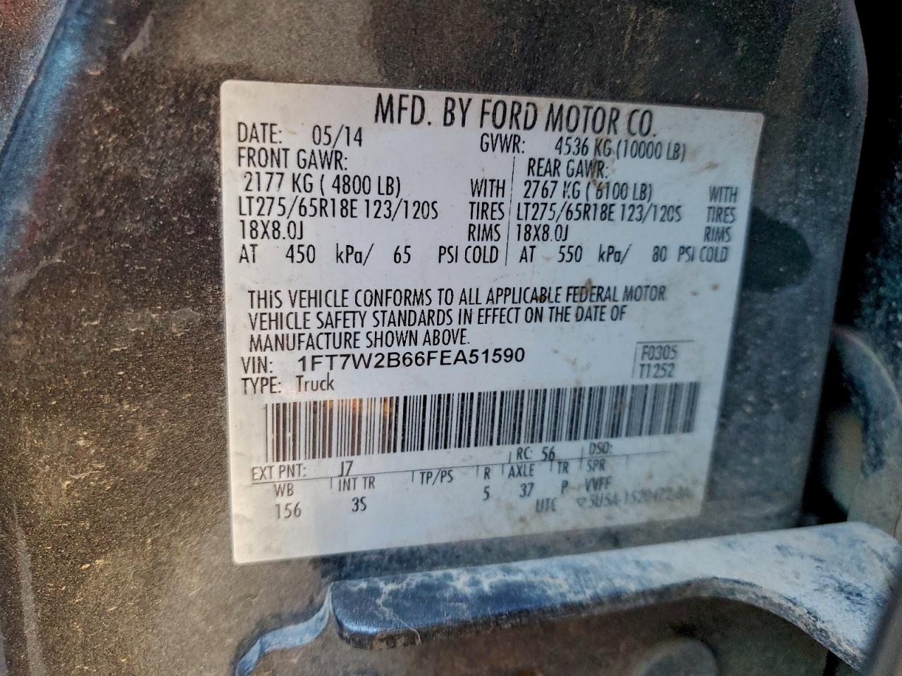 2015 Ford F250 Super Duty VIN: 1FT7W2B66FEA51590 Lot: 94051835