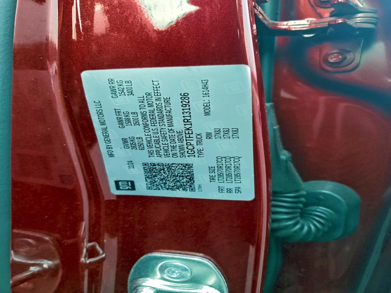 2024 Chevrolet Colorado Zr2 VIN: 1GCPTFEK1R1319286 Lot: 94061805