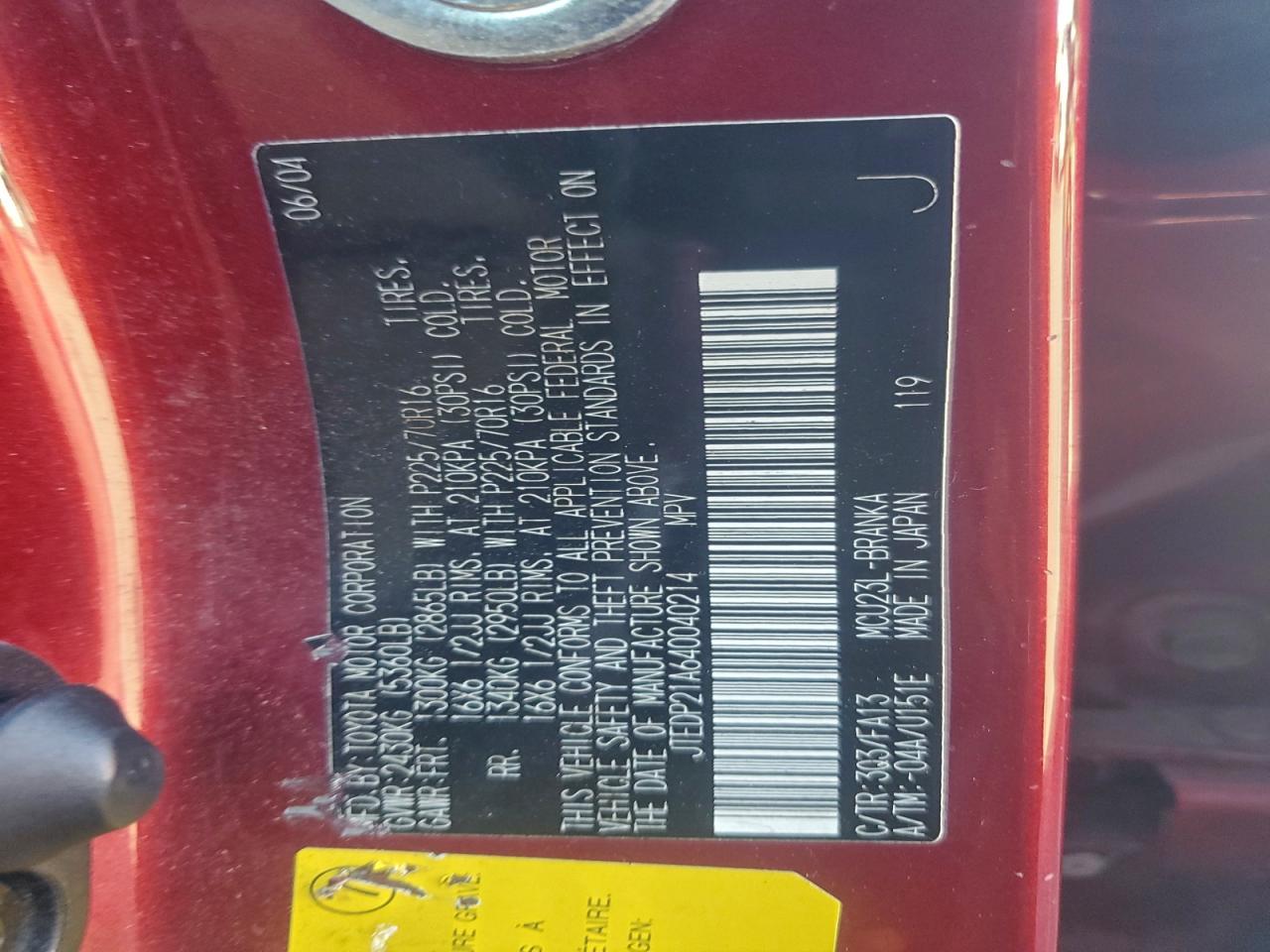 2004 Toyota Highlander Base VIN: JTEDP21A640040214 Lot: 93915075