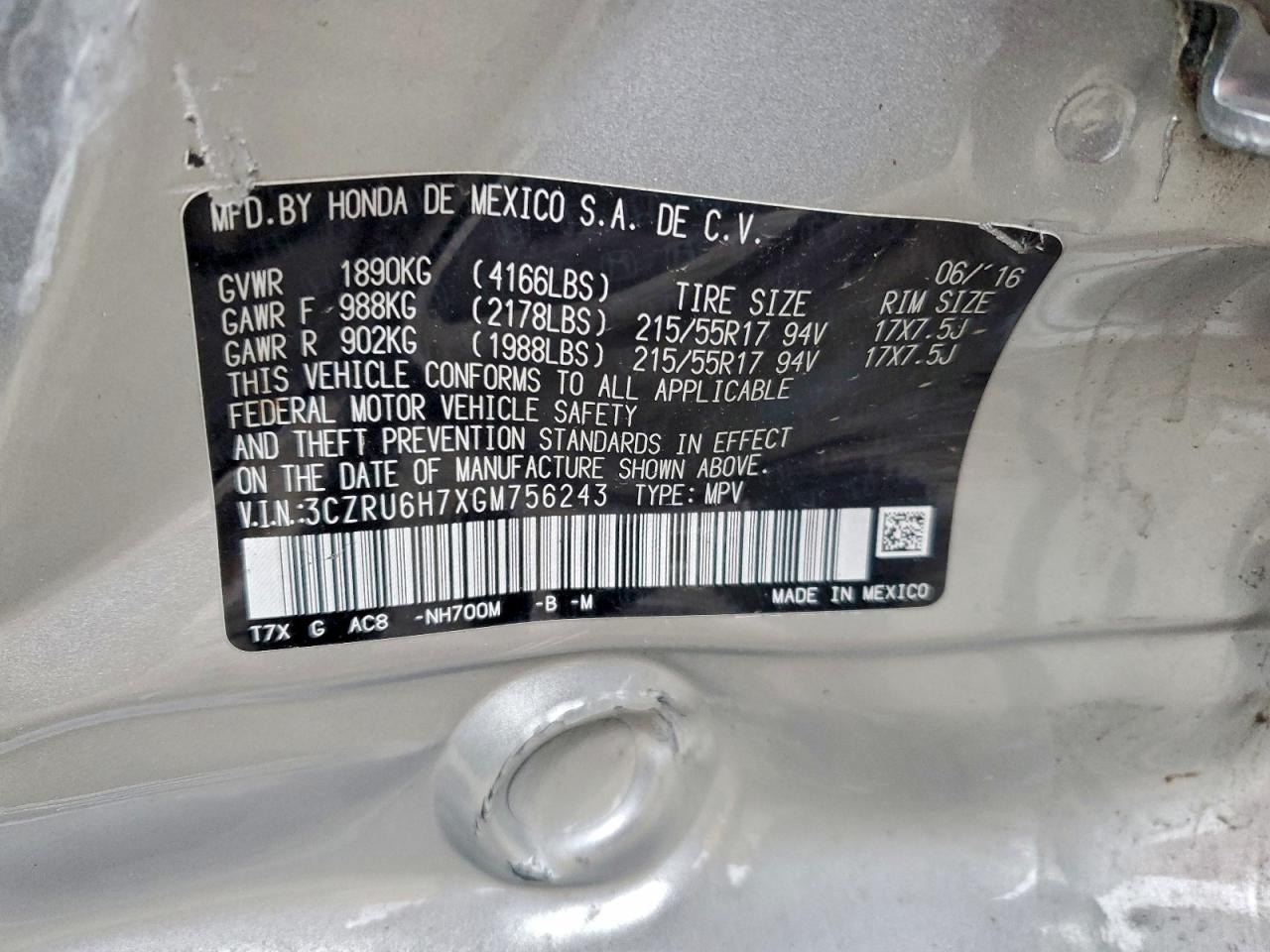 2016 Honda Hr-V Exl VIN: 3CZRU6H7XGM756243 Lot: 94467525