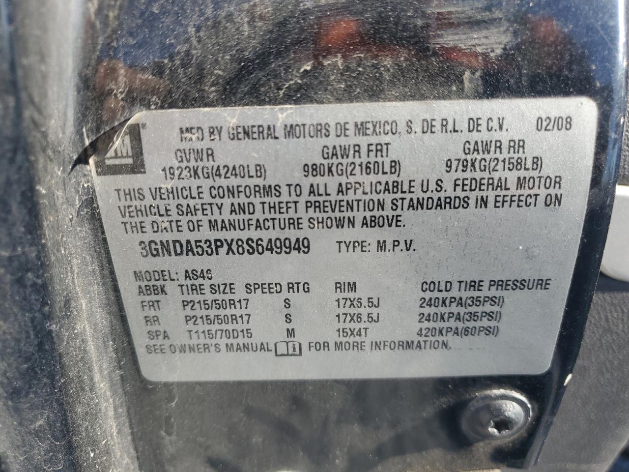 2008 Chevrolet Hhr Lt VIN: 3GNDA53PX8S649949 Lot: 92320835