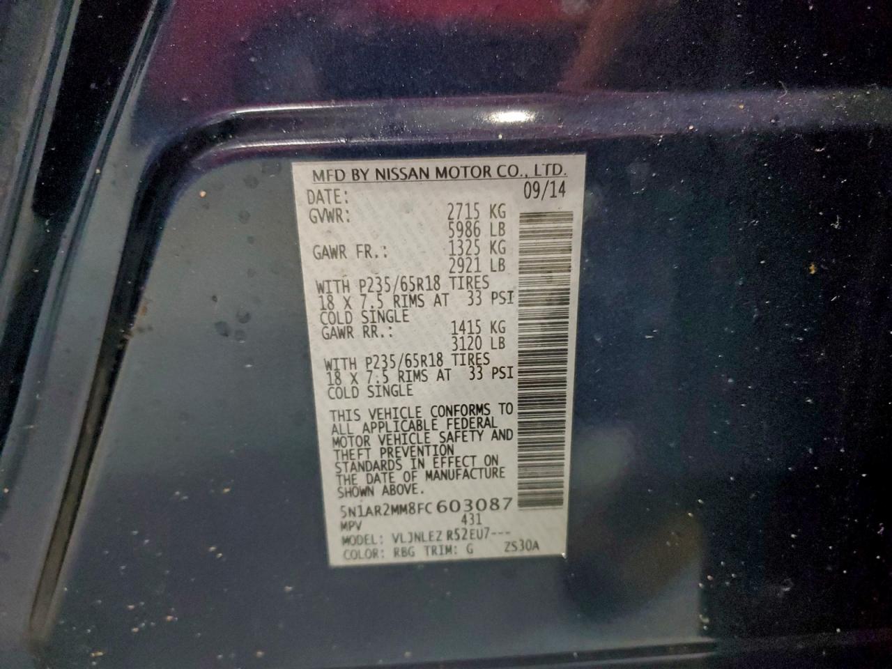 2015 Nissan Pathfinder S VIN: 5N1AR2MM8FC603087 Lot: 94783235