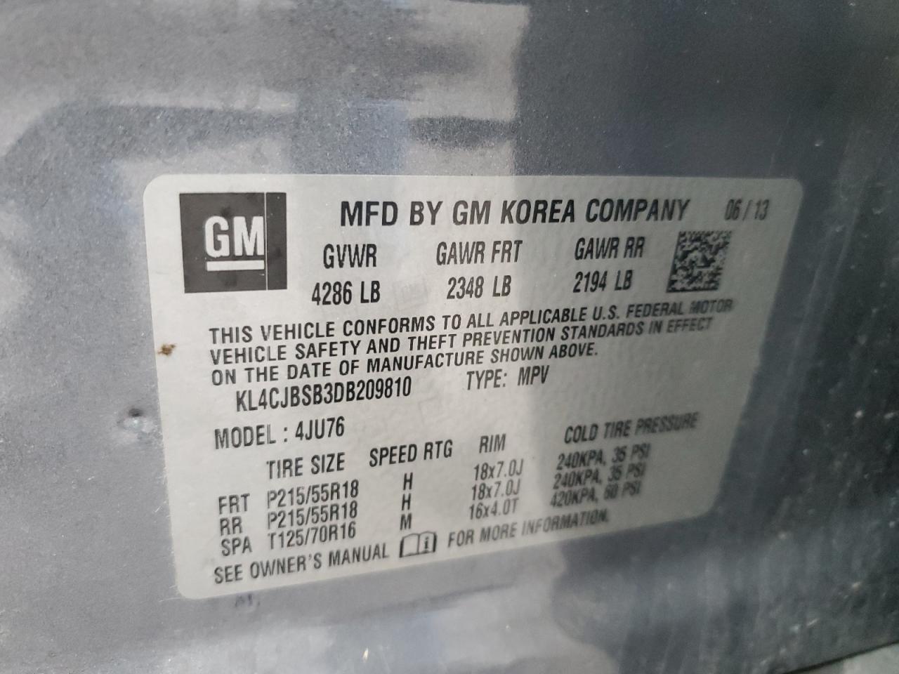 2013 Buick Encore Convenience VIN: KL4CJBSB3DB209810 Lot: 93303815