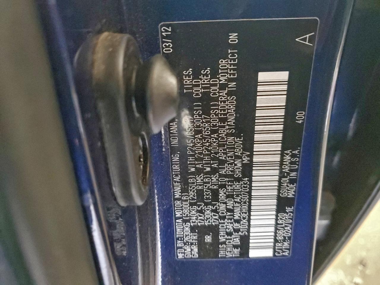 2012 Toyota Highlander Base VIN: 5TDZK3EHXCS070334 Lot: 93652845