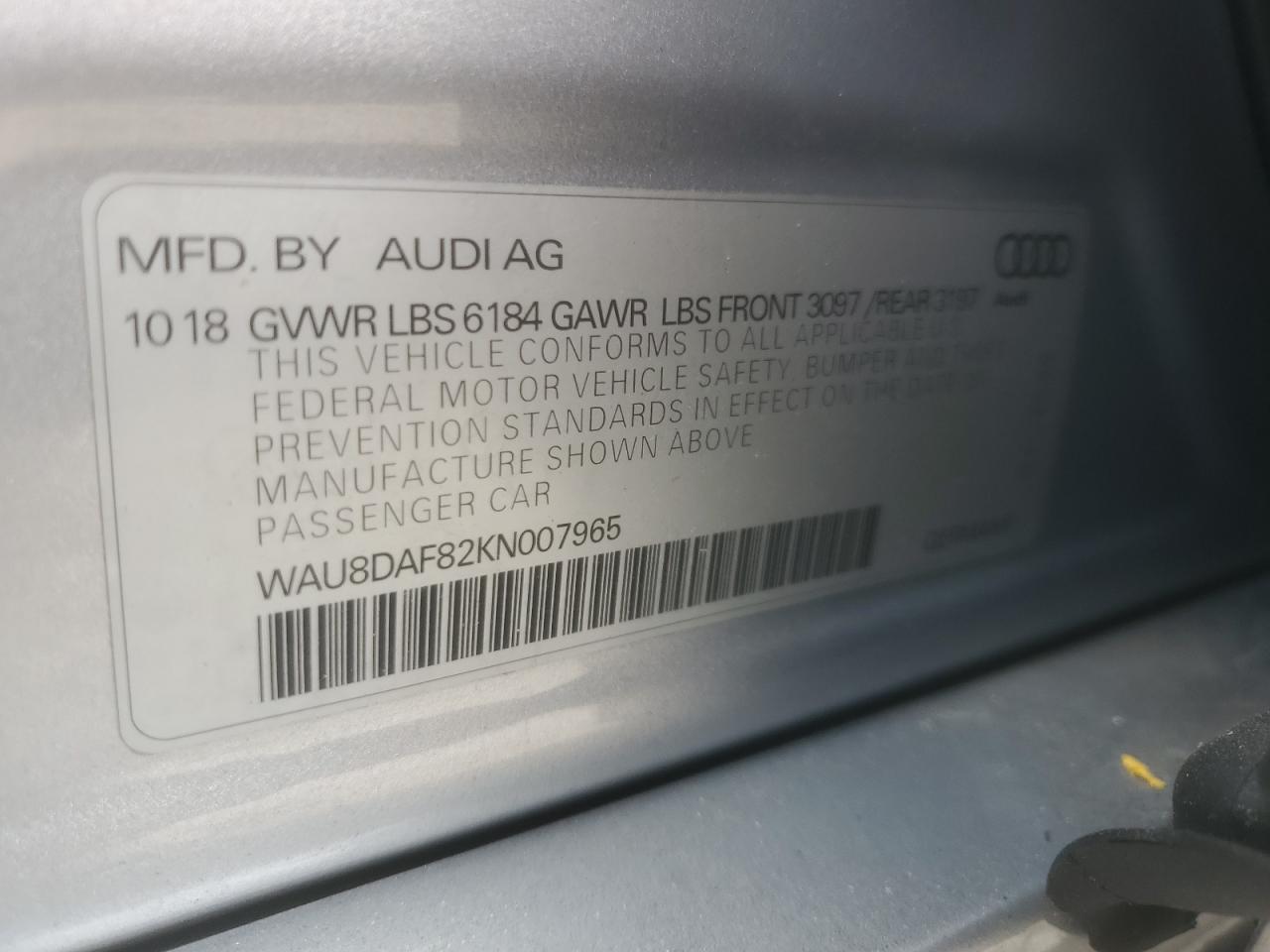 2019 Audi A8 L VIN: WAU8DAF82KN007965 Lot: 92011455