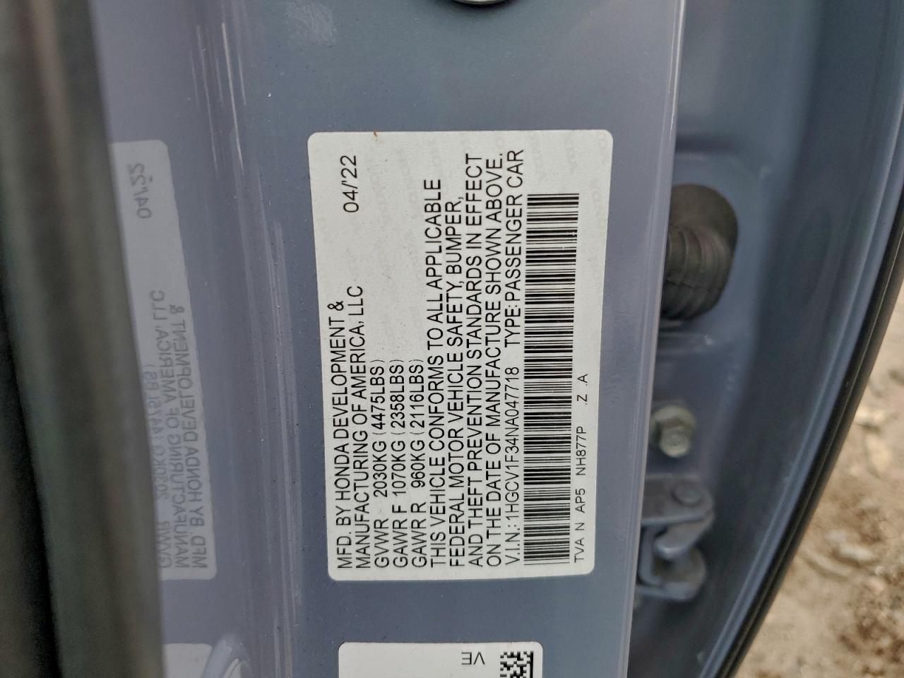 2022 Honda Accord Sport VIN: 1HGCV1F34NA047718 Lot: 92751315