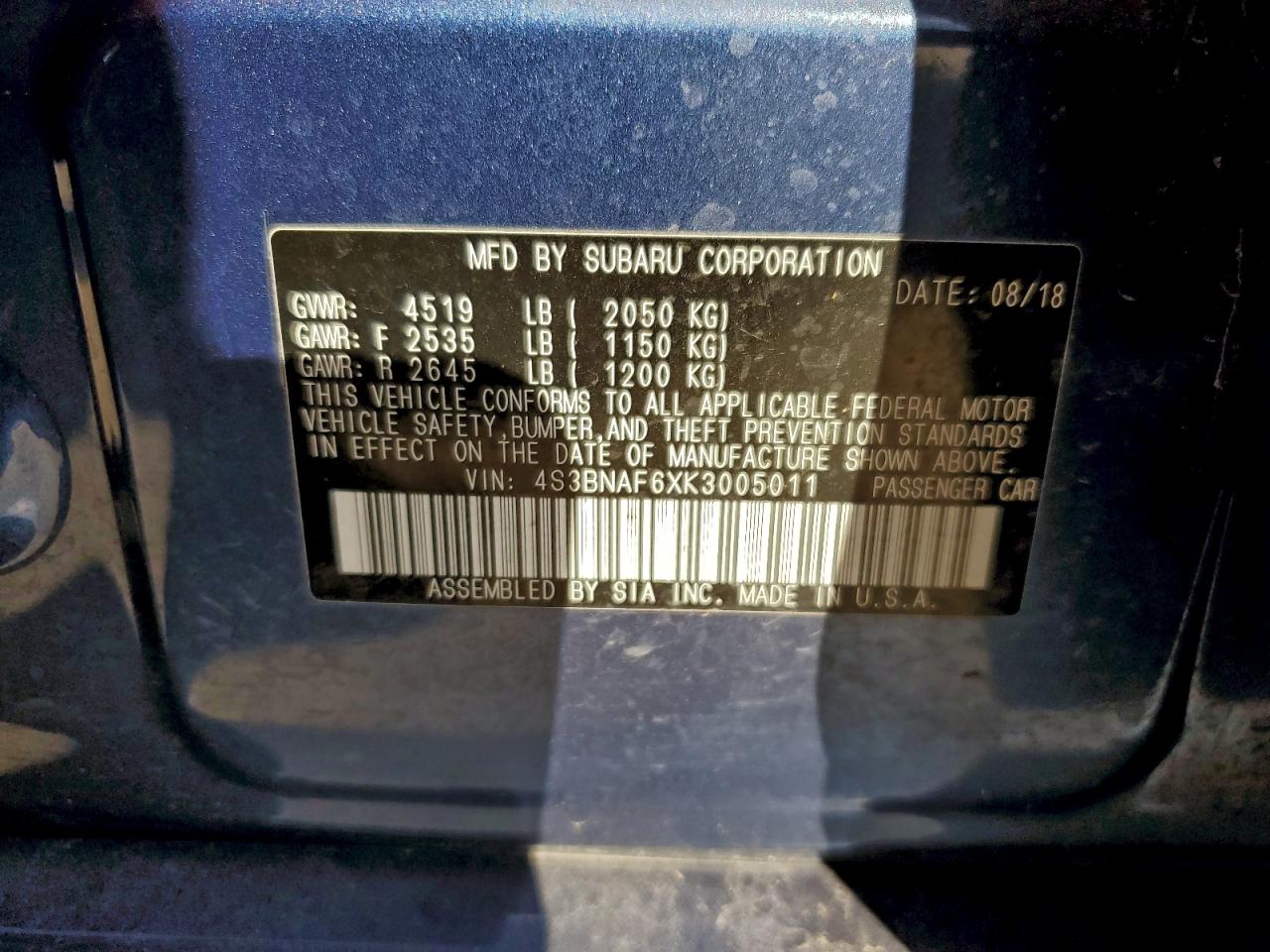 2019 Subaru Legacy 2.5I Premium VIN: 4S3BNAF6XK3005011 Lot: 91516185