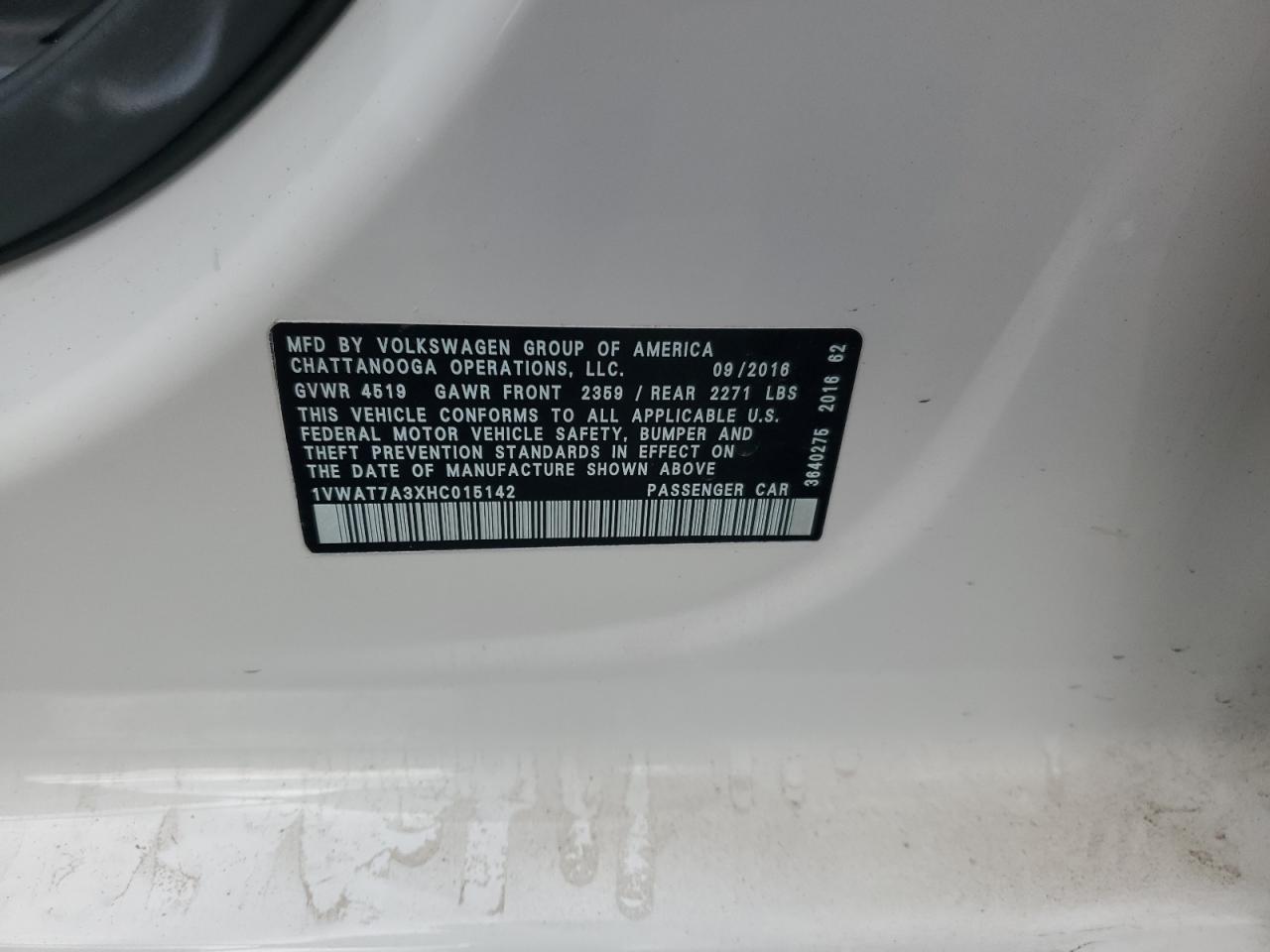 2017 Volkswagen Passat S VIN: 1VWAT7A3XHC015142 Lot: 86308845