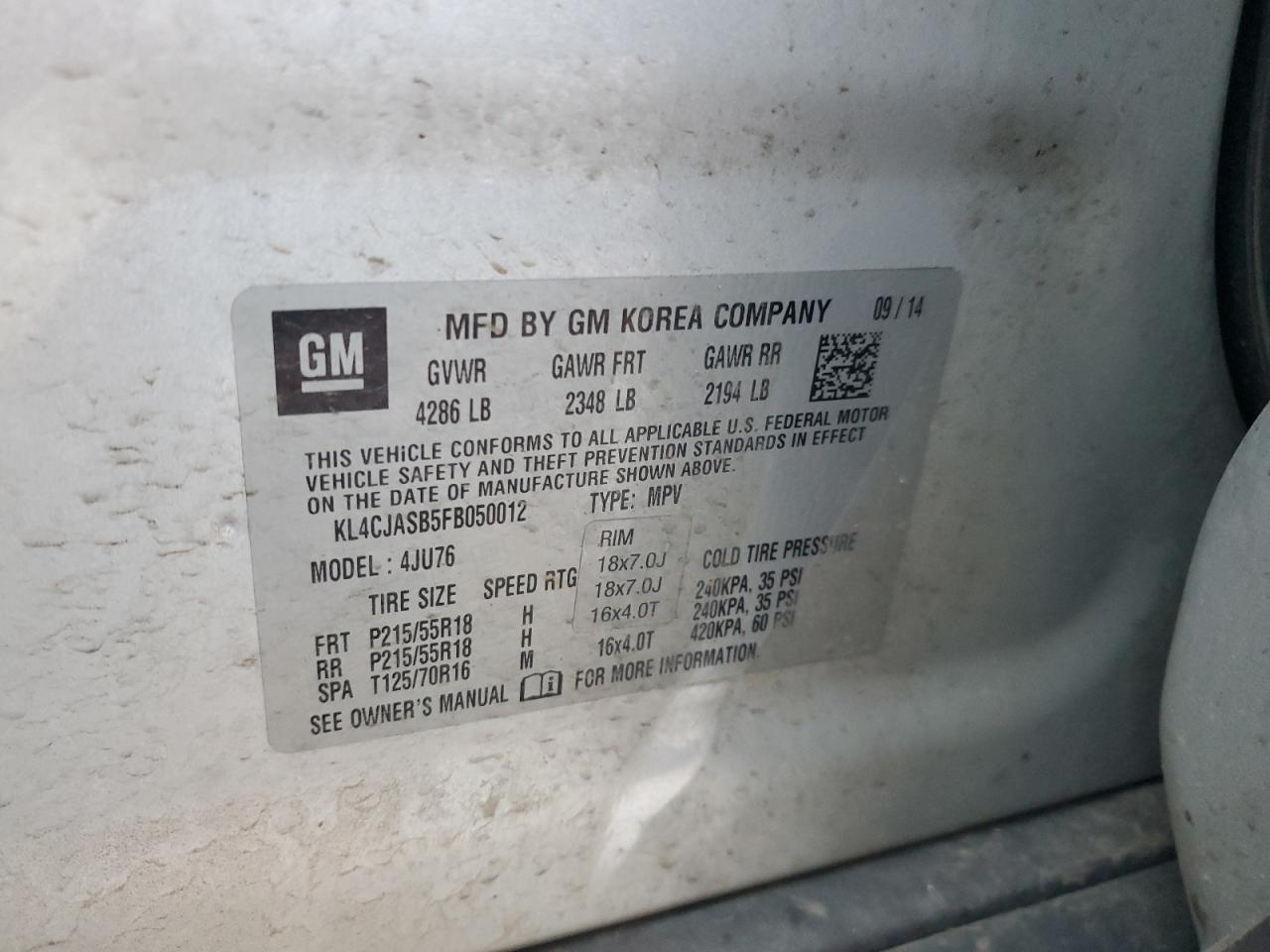 2015 Buick Encore VIN: KL4CJASB5FB050012 Lot: 92188875