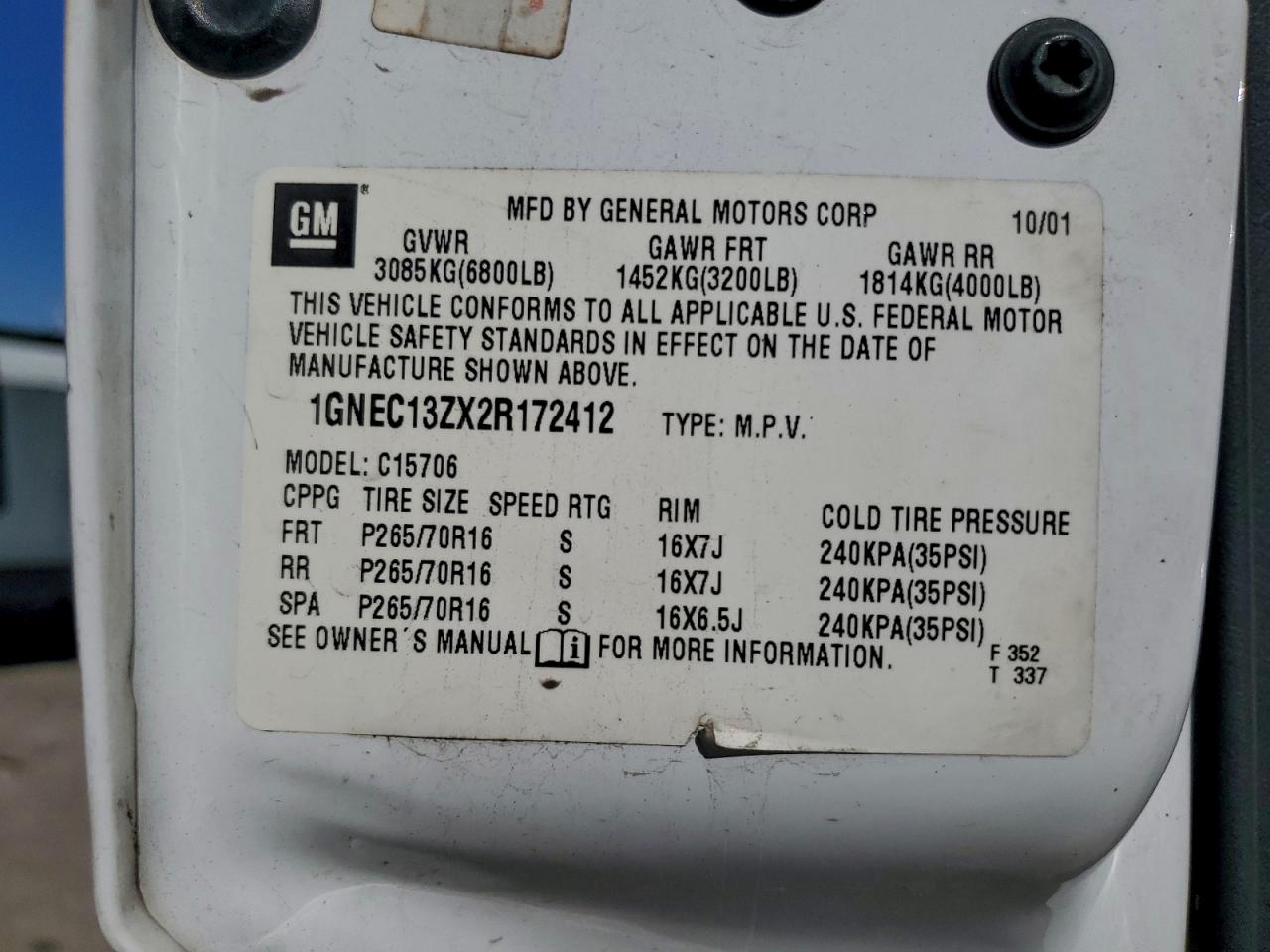 2002 Chevrolet Tahoe C1500 VIN: 1GNEC13ZX2R172412 Lot: 91264925