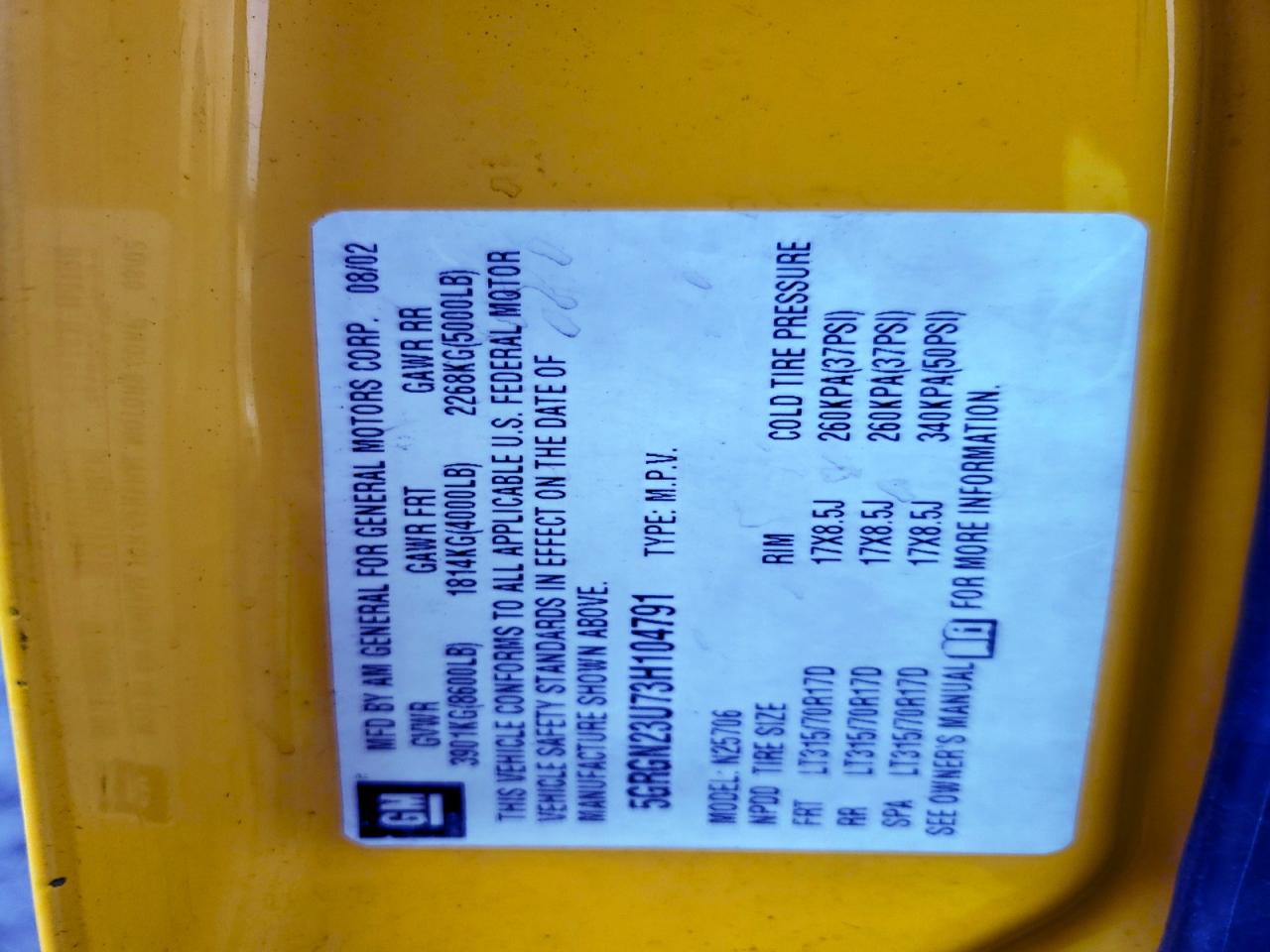 2003 Hummer H2 VIN: 5GRGN23U73H104791 Lot: 94536375