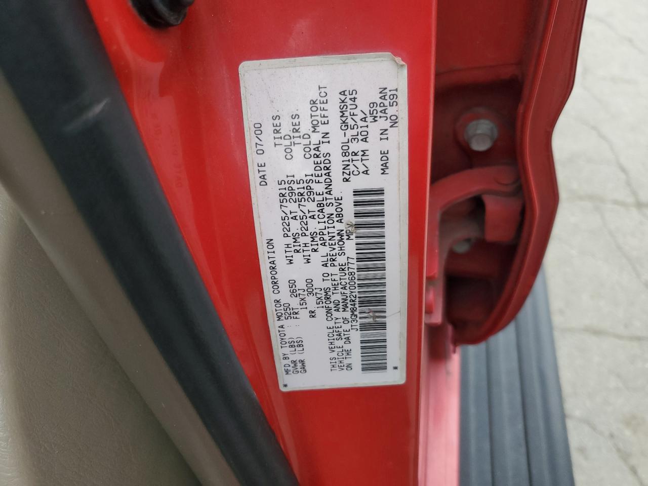 2000 Toyota 4Runner VIN: JT3GM84R2Y0068777 Lot: 93106785