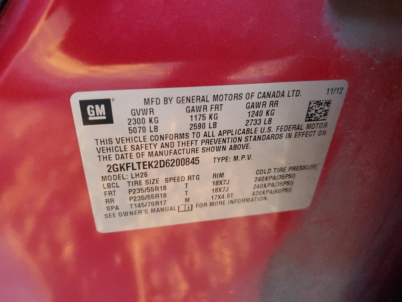 2013 GMC Terrain Sle VIN: 2GKFLTEK2D6200845 Lot: 93314085