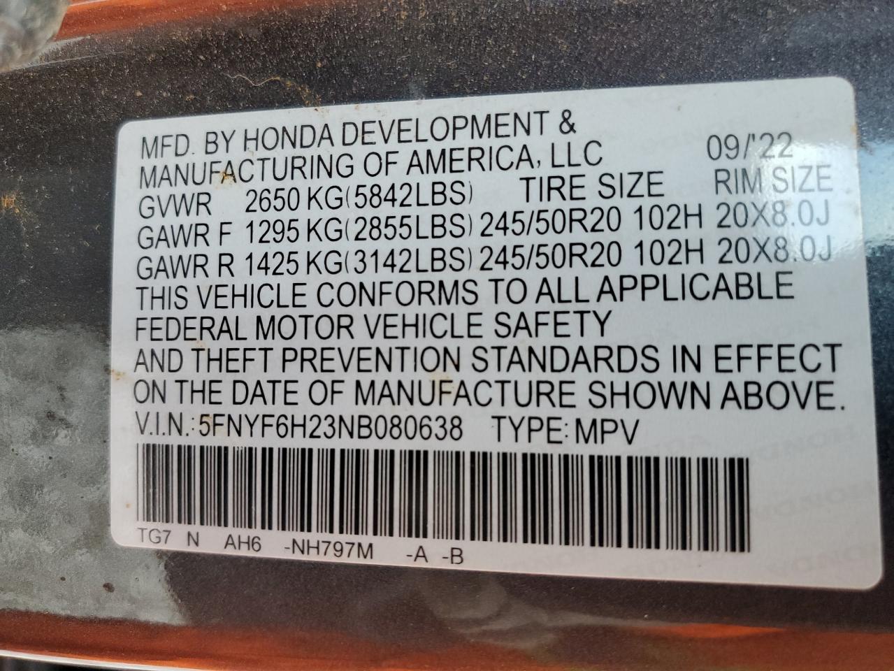 2022 Honda Pilot Se VIN: 5FNYF6H23NB080638 Lot: 92170955