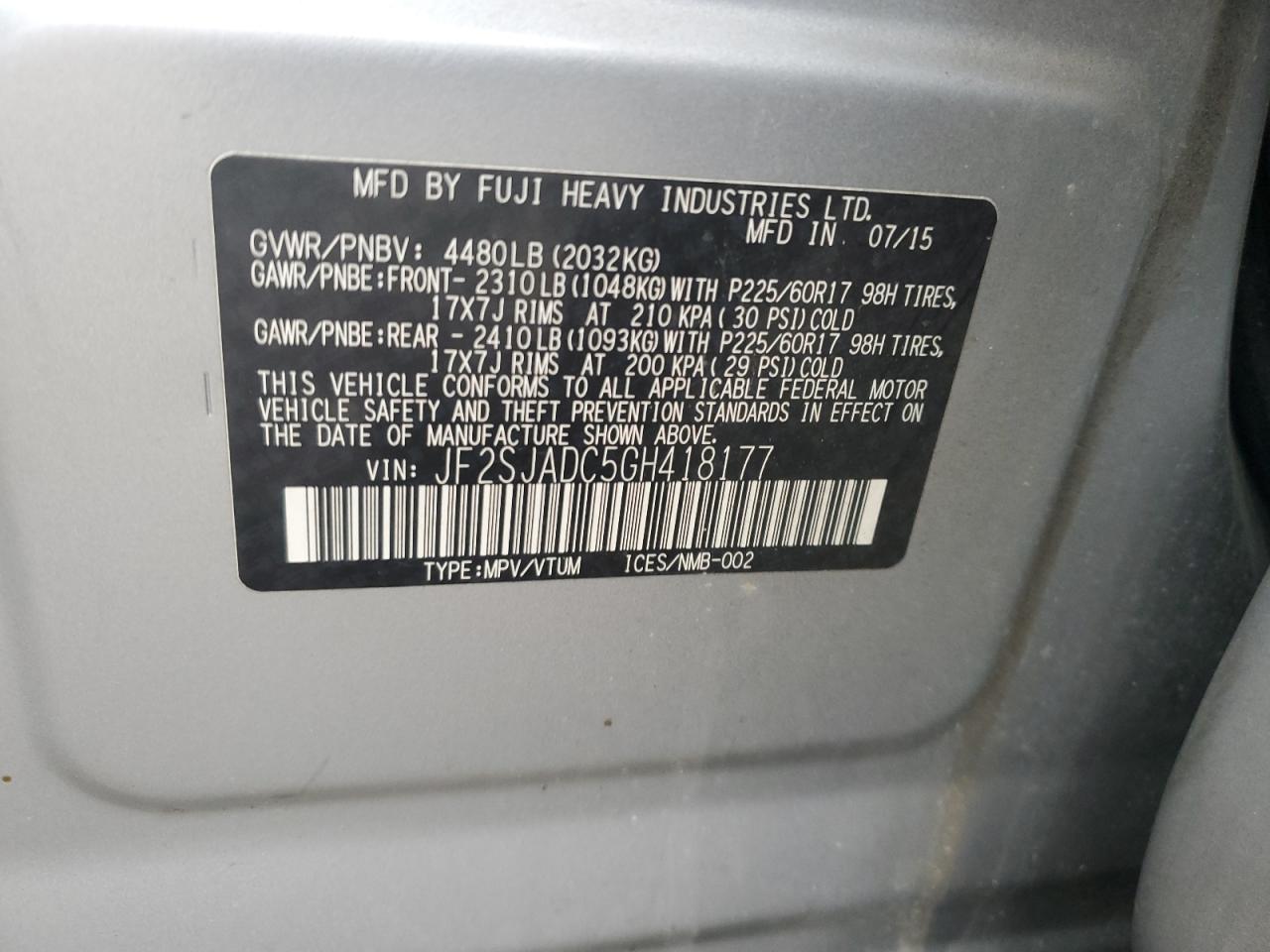 2016 Subaru Forester 2.5I Premium VIN: JF2SJADC5GH418177 Lot: 93198585