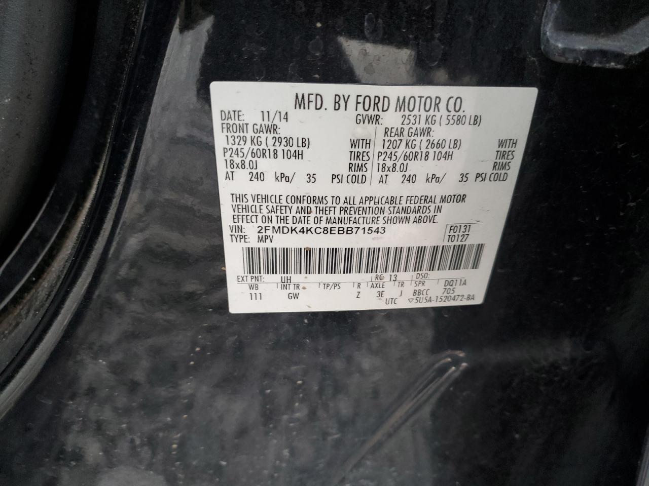 2014 Ford Edge Limited VIN: 2FMDK4KC8EBB71543 Lot: 92308415