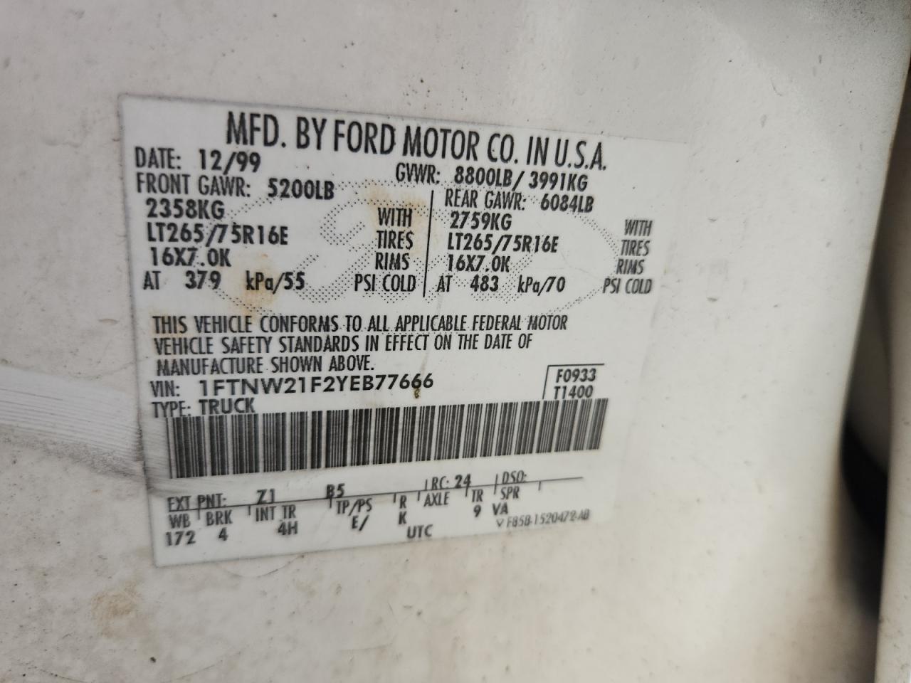 2000 Ford F250 Super Duty VIN: 1FTNW21F2YEB77666 Lot: 92896125