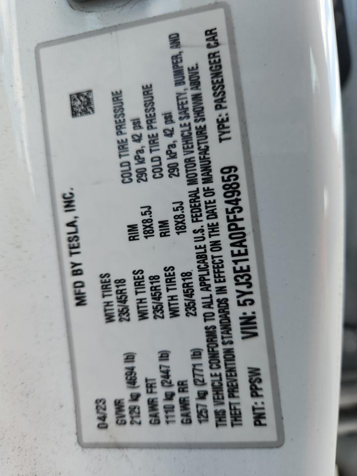 2023 Tesla Model 3 VIN: 5YJ3E1EA0PF549859 Lot: 90668735