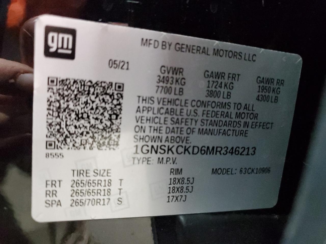 2021 Chevrolet Suburban K1500 Lt VIN: 1GNSKCKD6MR346213 Lot: 92567145