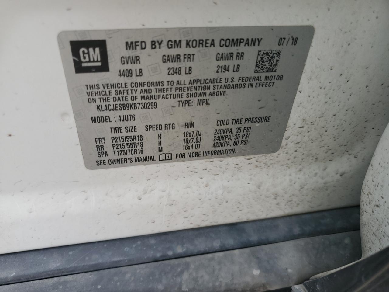 2019 Buick Encore Preferred VIN: KL4CJESB9KB730299 Lot: 92731595