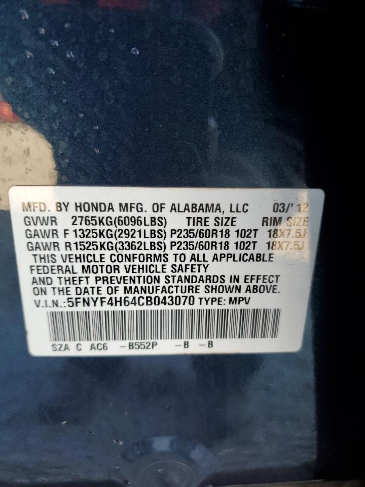 2012 Honda Pilot Exl VIN: 5FNYF4H64CB043070 Lot: 92990085